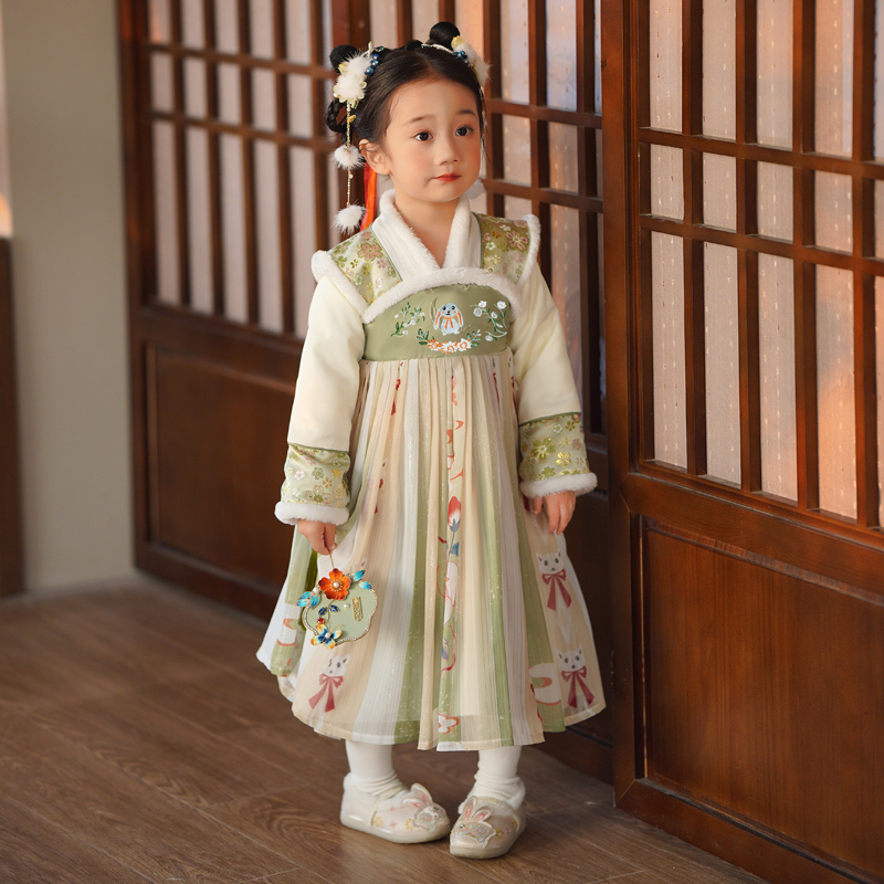 汉服女童秋款加绒小女孩中国风超B仙古装连衣裙儿童唐装襦裙新款