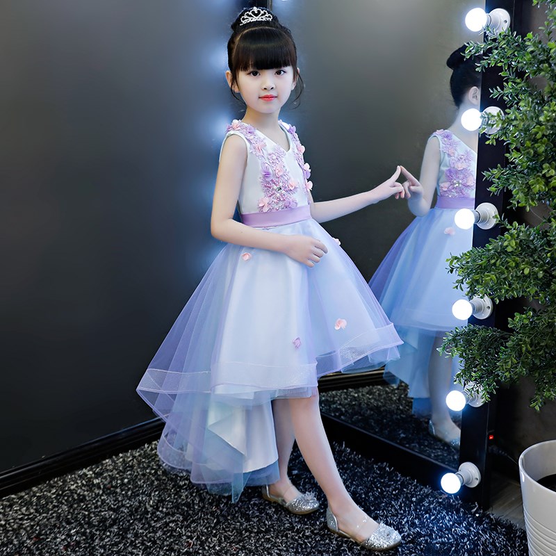 儿童礼服公主裙女童无袖蓝色拖尾生日纱裙钢琴主持V人走秀表演服