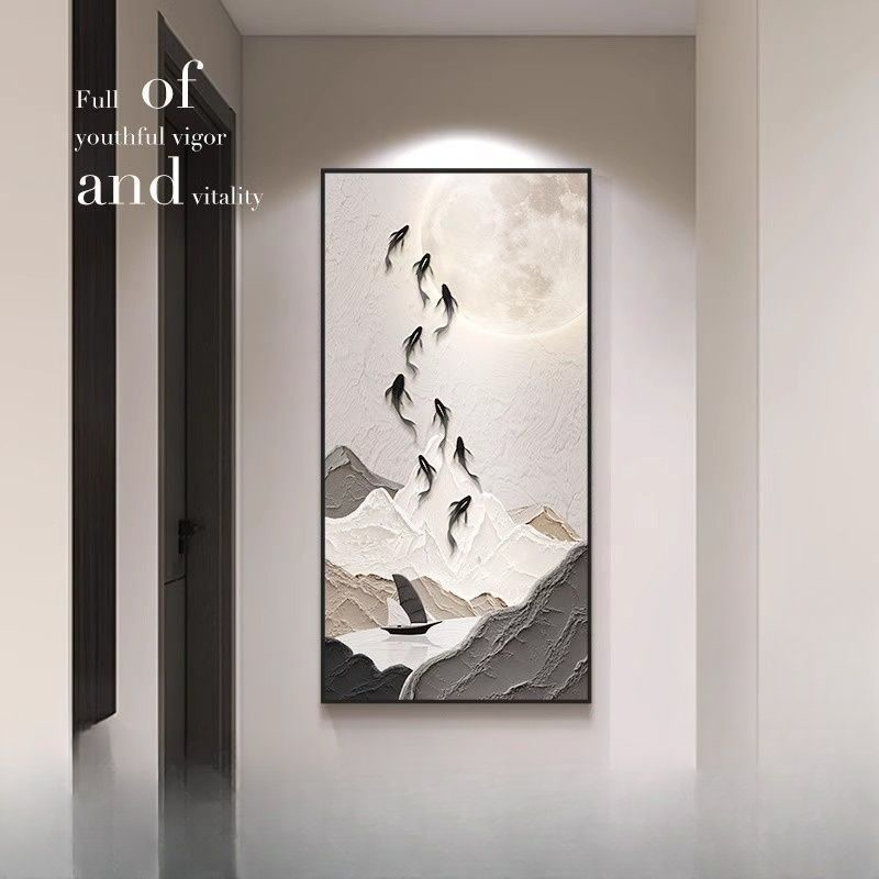 现代简约玄关装饰画入户正对门九鱼图壁画黑白高级感走廊过道挂画图片