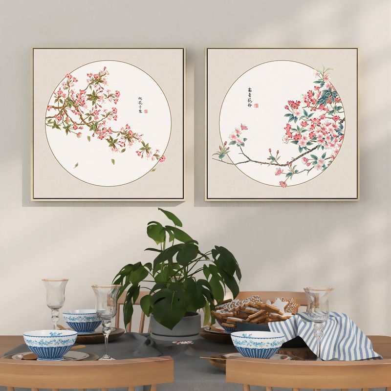 新中式餐厅装饰画饭厅玄关桃花画正方形樱花壁画温馨卧室床头挂画图片