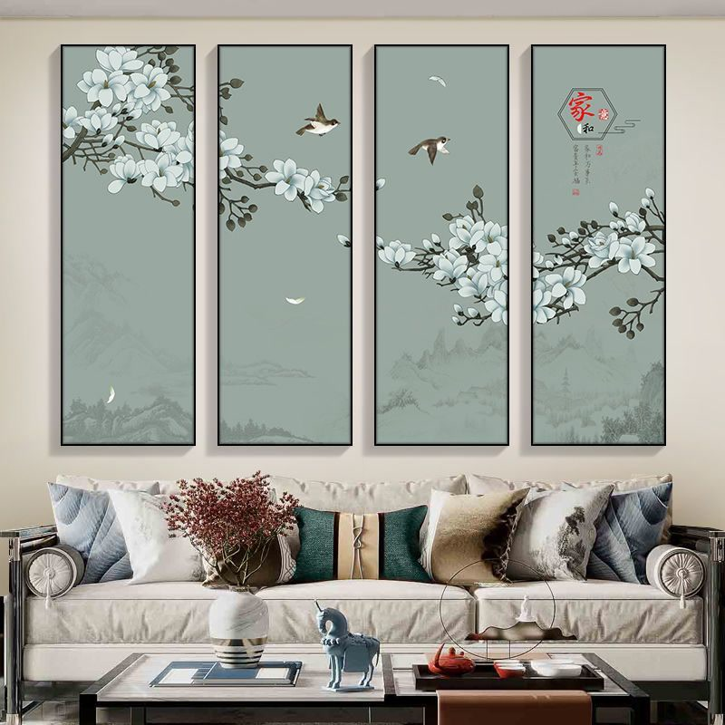 四联客厅画新花鸟中堂书房风背景墙茶室挂画沙发画中式中国装饰画