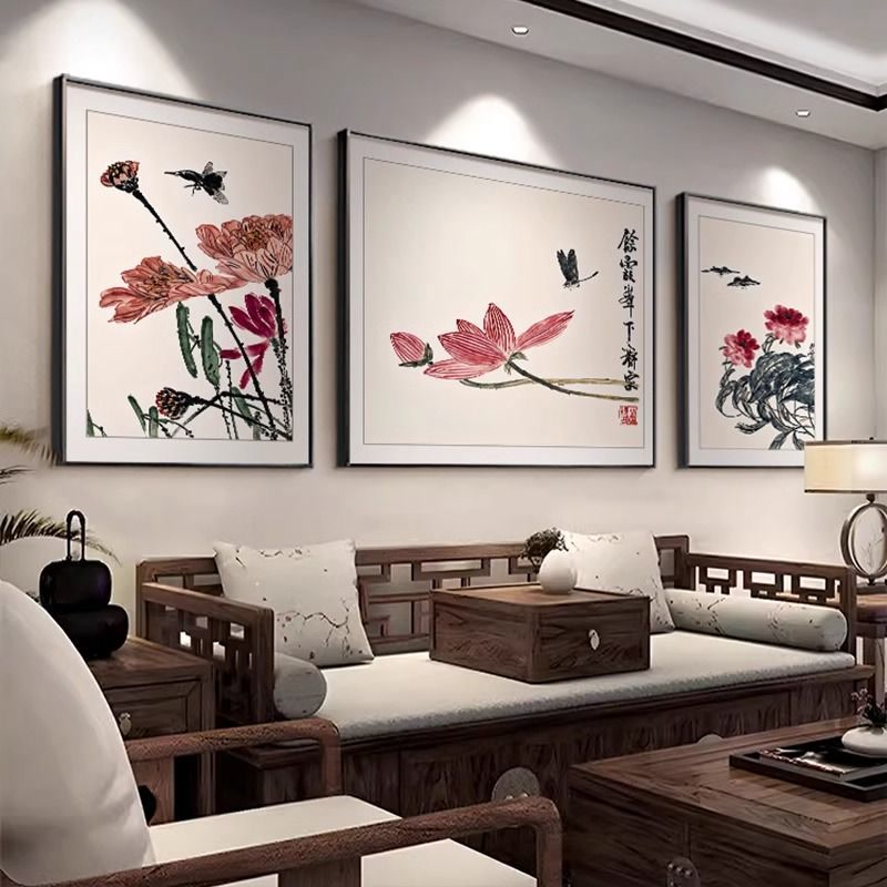 齐白石客厅装饰画新中式荷花水墨画沙发背景墙三联挂画中国风壁画图片