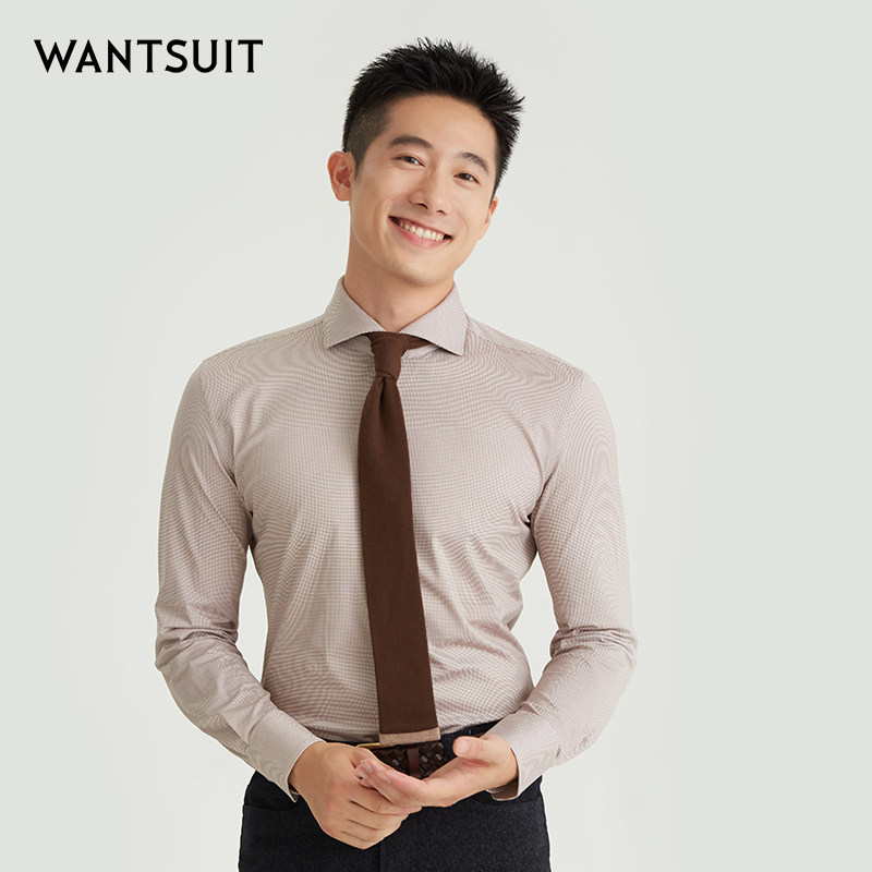 WANTSUIT男士浅咖色条纹休闲衬衫上衣正装绅士新款正式人夫感