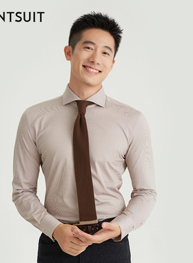 WANTSUIT男士浅咖色条纹休闲衬衫上衣正装绅士新款正式人夫感