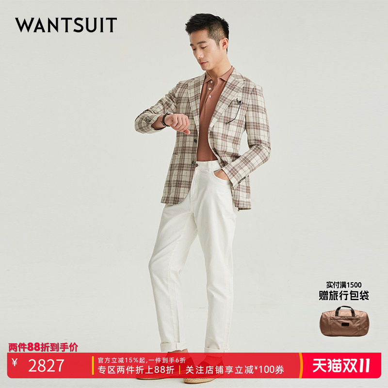 WANTSUIT秋冬男士西装休闲格纹亚麻修身西服上衣外套绅士单西老钱