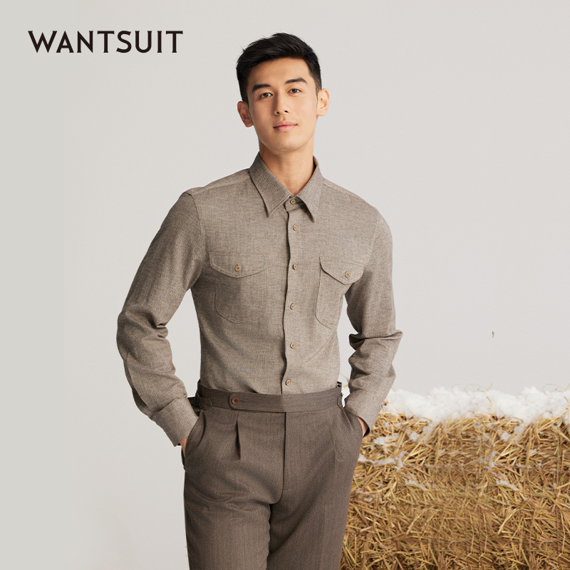WANTSUIT棕色双贴袋磨毛衬衫