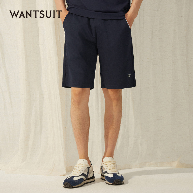WANTSUIT夏季男士海军蓝休闲松紧腰头运动短裤新品