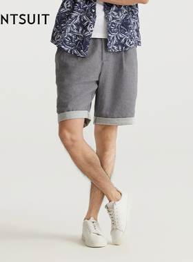 WANTSUIT秋冬休闲灰色短裤松弛感男亚麻腰带蓝色系清爽舒适老钱风