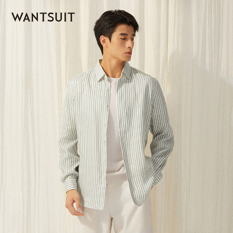 WANTSUIT春夏亚麻豚草绿条纹休闲衬衫老钱男士轻奢度假休闲舒适新