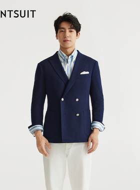 WANTSUIT商务休闲海军蓝色单西服外套上衣男士绅士双排扣布雷泽