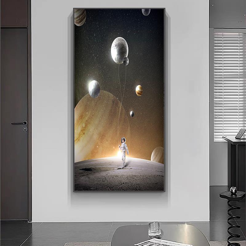 科技星球宇宙玄关装饰画晶瓷入门创意竖版轻奢镶钻挂画背景墙对门图片
