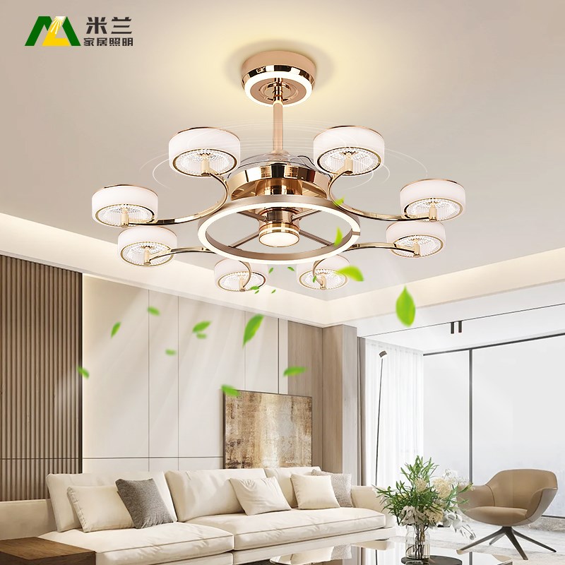 轻奢客厅风扇灯时尚大气智能离线语音金色隐形静音护眼餐厅吊扇灯