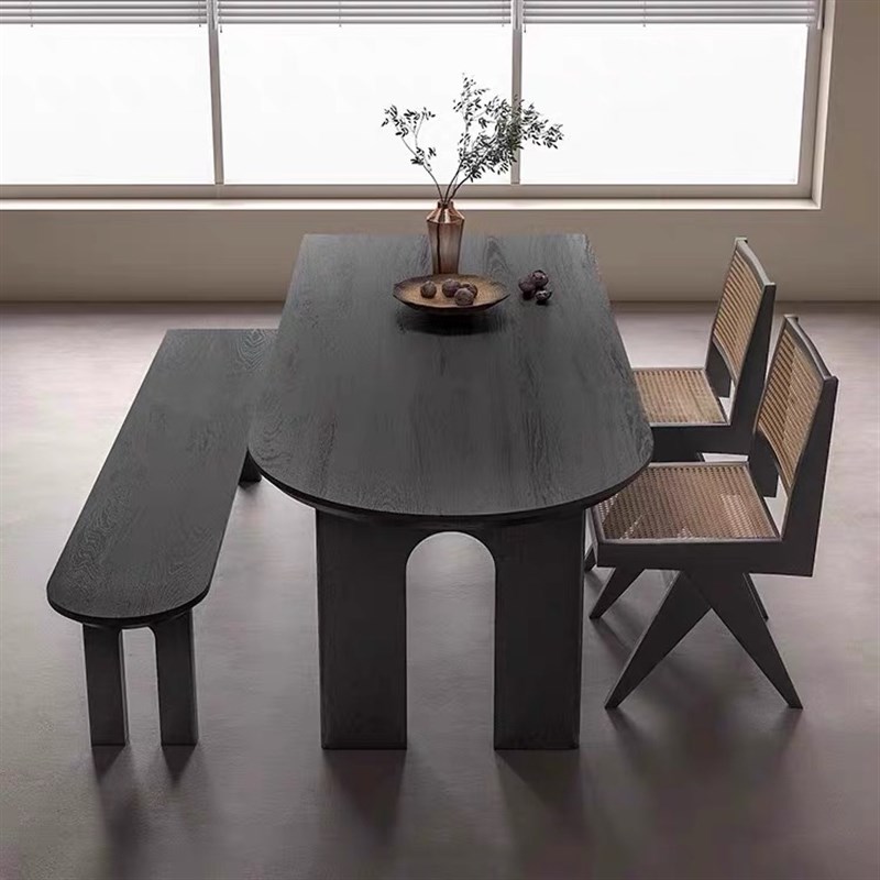白蜡木黑色侘寂风实木餐桌家用椭圆形原木半圆靠墙中古风岛台桌子