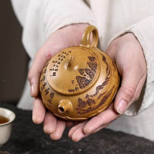 兴紫砂壶龙茄骨金砂家手工绘刻莲花瓜精美宜茶名壶茶99具代