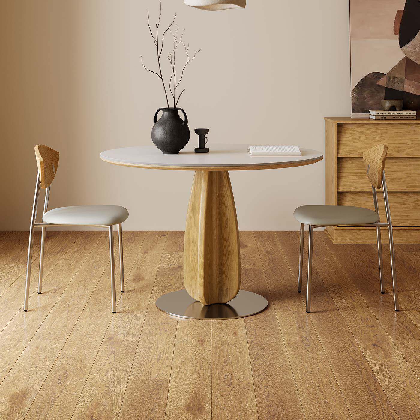 原木弦音985实木餐桌圆桌6家用小户风型新日式奶油风谈岩板餐洽桌