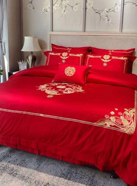 简约气中式婚PBA大庆家红色四件房套长绒棉刺绣纺结婚床上用品婚
