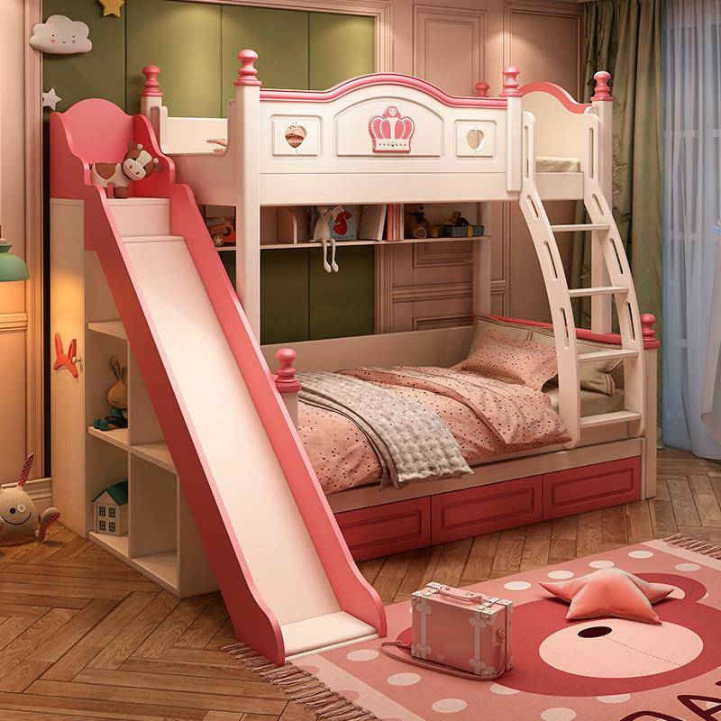 儿童床FCR下上女床.孩高低双层床公主床实木子母床上下铺带护栏15