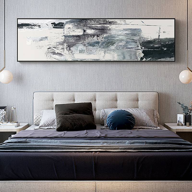 现代简约抽象卧室床头装饰画黑白灰油画挂画主卧房间墙面酒店壁画图片
