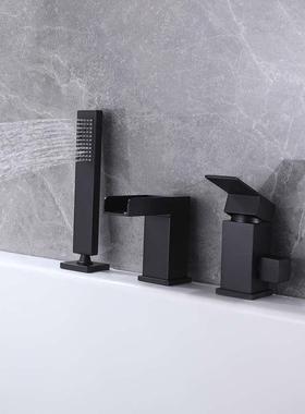 黑色缸全瀑布咀带手持套装分体HRM式浴龙铜头冷热混水三孔三件套