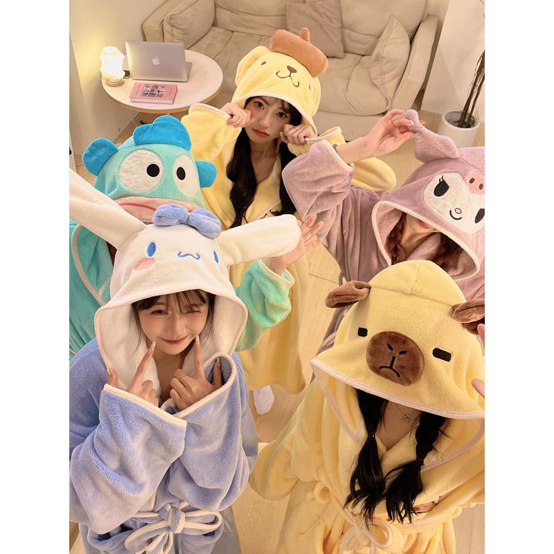 睡袍女冬加厚卡通珊瑚绒睡衣秋冬季法兰绒浴袍长款大码家居服晨袍