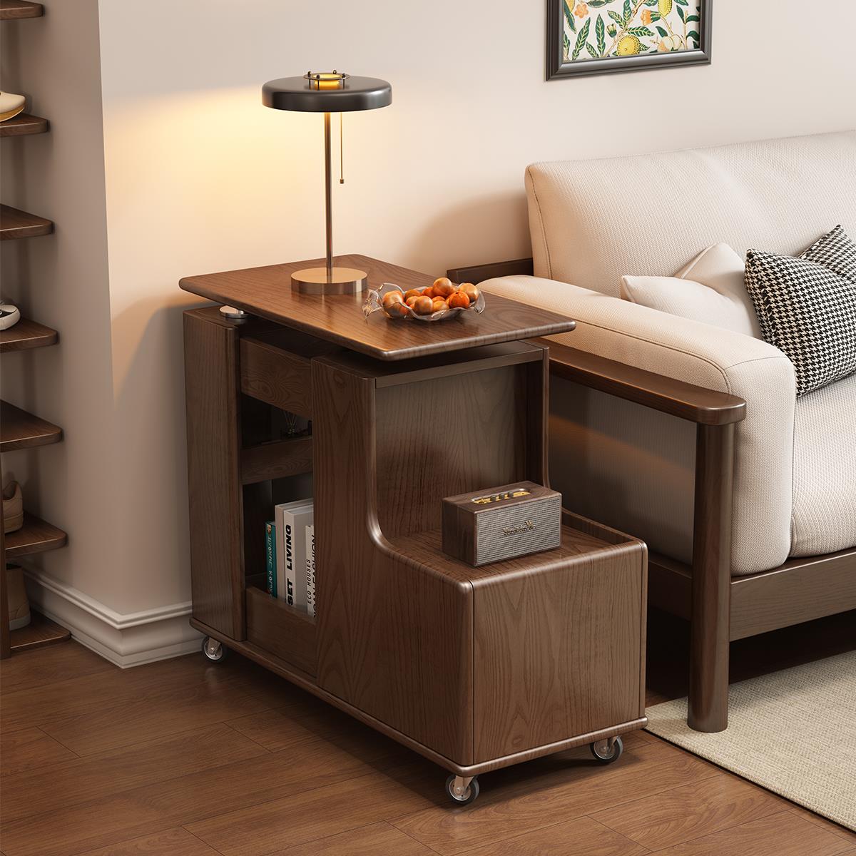 实木沙发边几可升降旋转白蜡木纹客厅移动小推车边几茶几置物架子