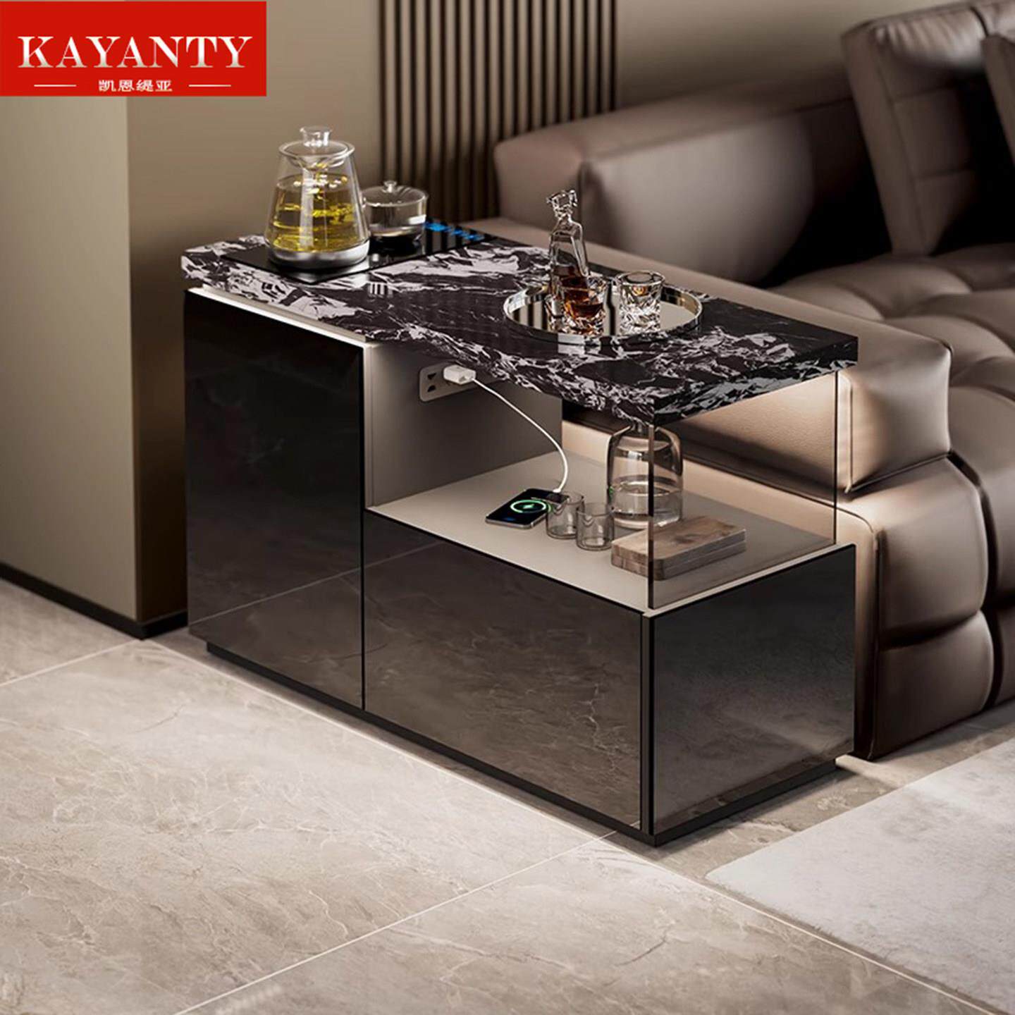KAYANTY意式智能沙发边柜侧柜高端岩板茶水柜茶几一体可移动边几