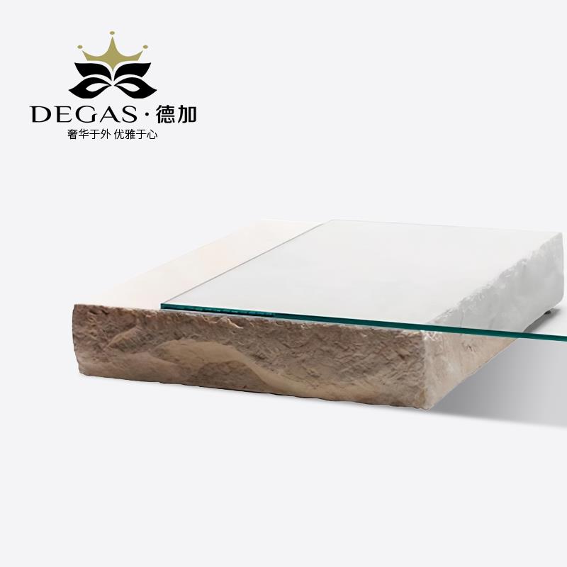 简约现代大理石毛石洞石茶几意式设计感伸缩方形客厅家用玻璃矮桌