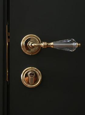 INDOORS复古风金色黄铜房间门把手水晶静音家用法式机械门锁具