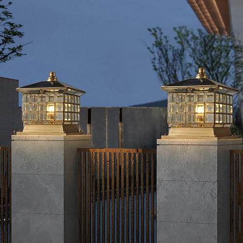 全铜太阳能柱头灯户外欧式庭院防水室外别墅大门围墙柱子灯接电款