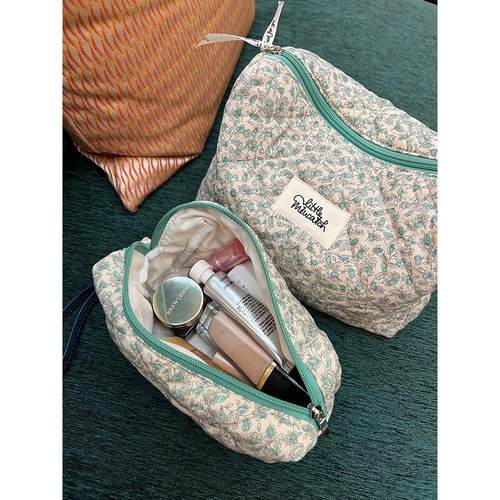 美照法国花文艺清新绿花化妆袋大容量棉质收纳袋手提袋