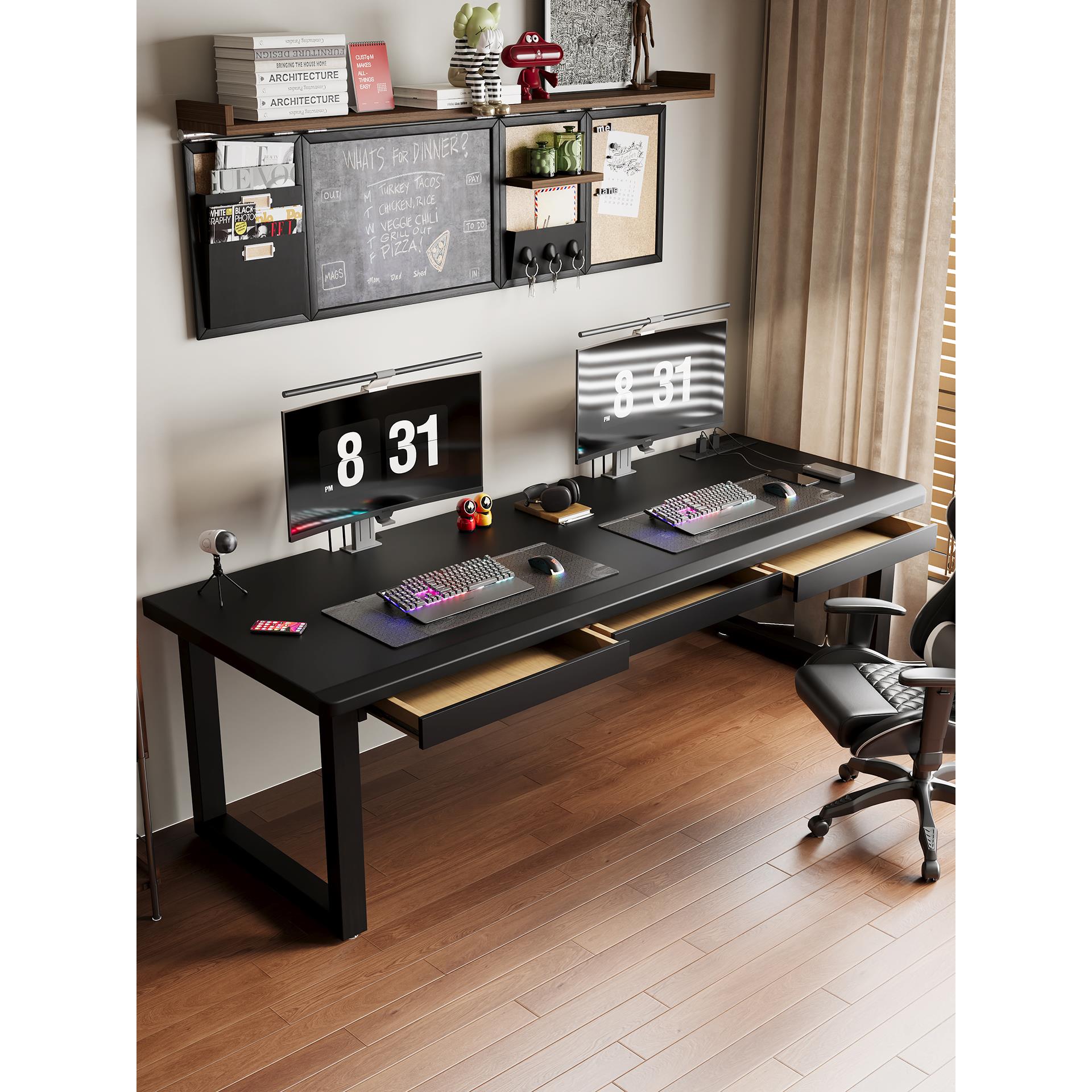 黑武士实木电脑桌台式家用双人办公桌带抽屉收纳电竞桌长条书桌子