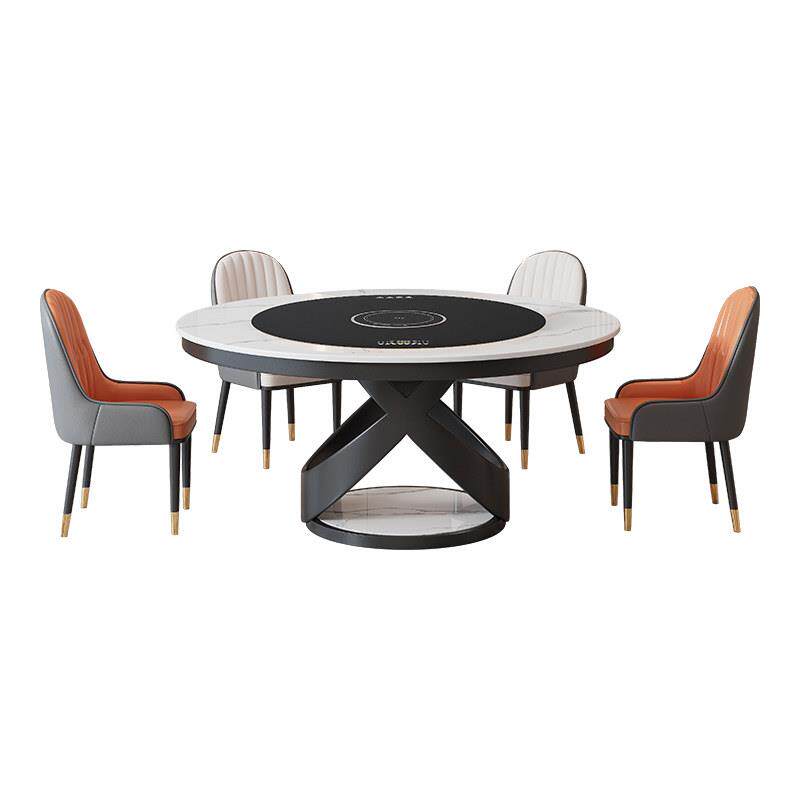 轻奢岩板餐桌内嵌电动转盘电磁炉暖菜多功能圆形餐桌现代简约饭桌