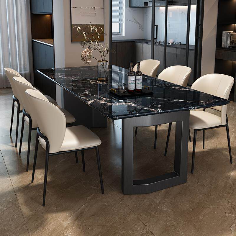 小户型意式极简纯黑色大理石长方形餐桌椅组合家用现代简约饭桌子