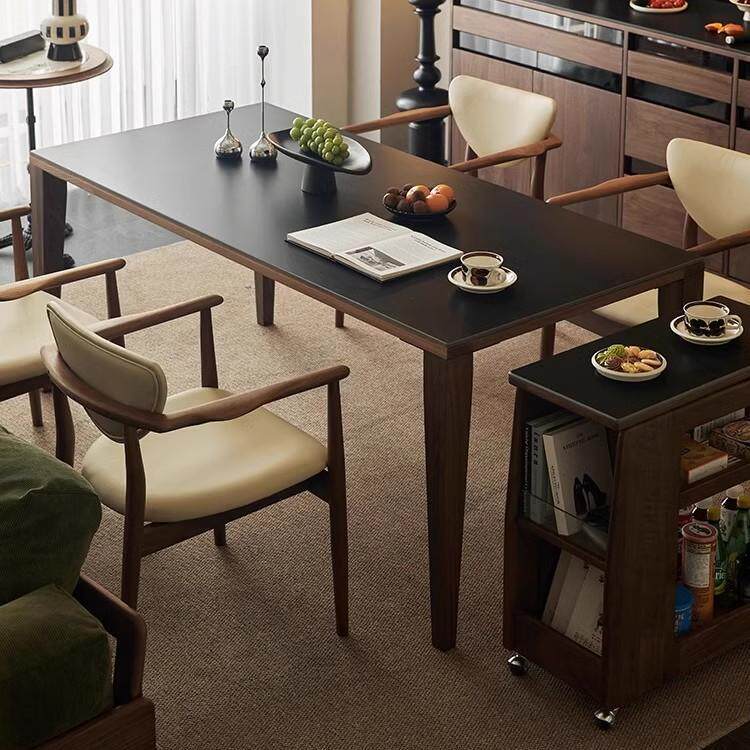 北美黑胡桃木餐桌北欧家用岩板桌面实木桌腿复古长方形饭桌子书桌