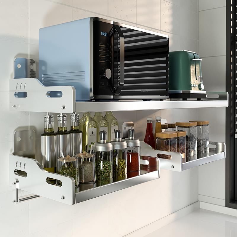 304不锈钢厨房墙上置物架微波炉架子壁挂式收纳调料架加厚可定制