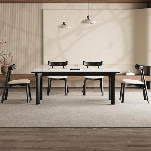 德利丰实木岩板餐桌黑色家用新中式中古风高端全托长方形吃饭桌子