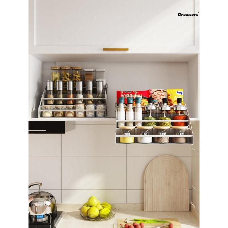 厨房壁柜可调篮拉下储物架上下顶柜调味伸缩开门柜制造商