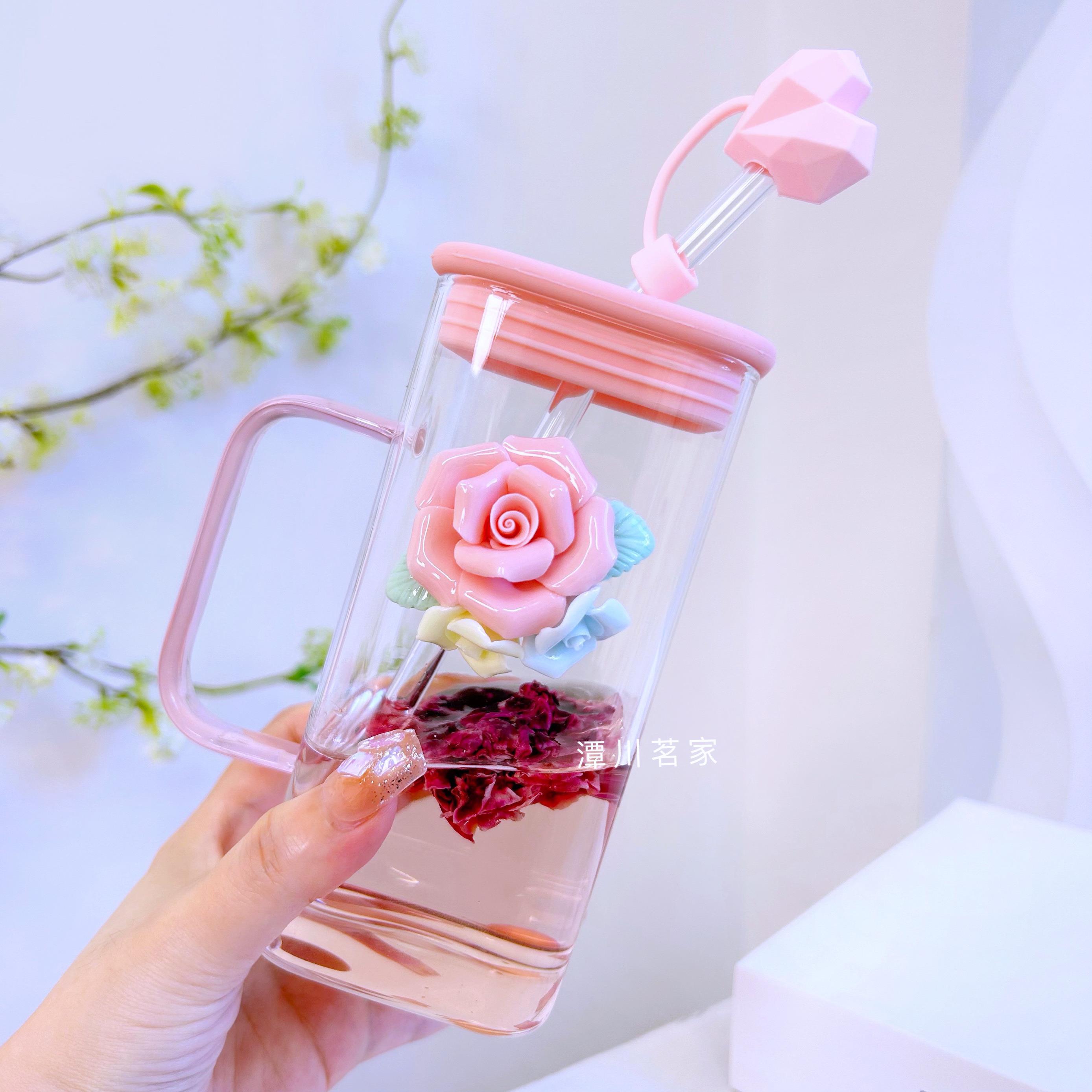 高颜值耐热玻璃杯绿茶杯小众吸管杯手工捏花水果花茶杯家用办公杯