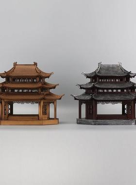 新中式木质房子凉亭宝塔建筑摆件样版房书房隔断桌面书柜软装饰品