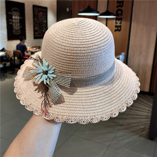 花朵草帽女夏季 可折疊出游海邊防曬遮陽帽小清新太陽帽 沙灘帽韓版