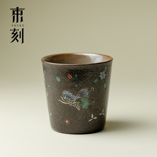 日式 束刻 黑志野烧粗陶茶杯主人杯粉彩蝴蝶马克杯侘寂拉花咖啡杯
