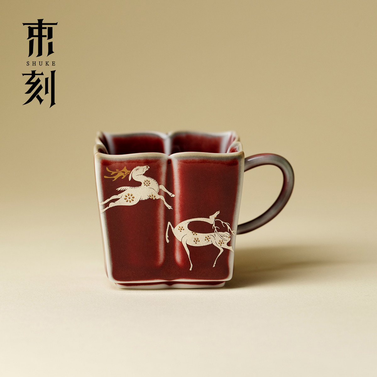 束刻豇豆红银彩麋鹿主人杯带把高端窑变陶瓷四方茶杯个人杯品茗杯