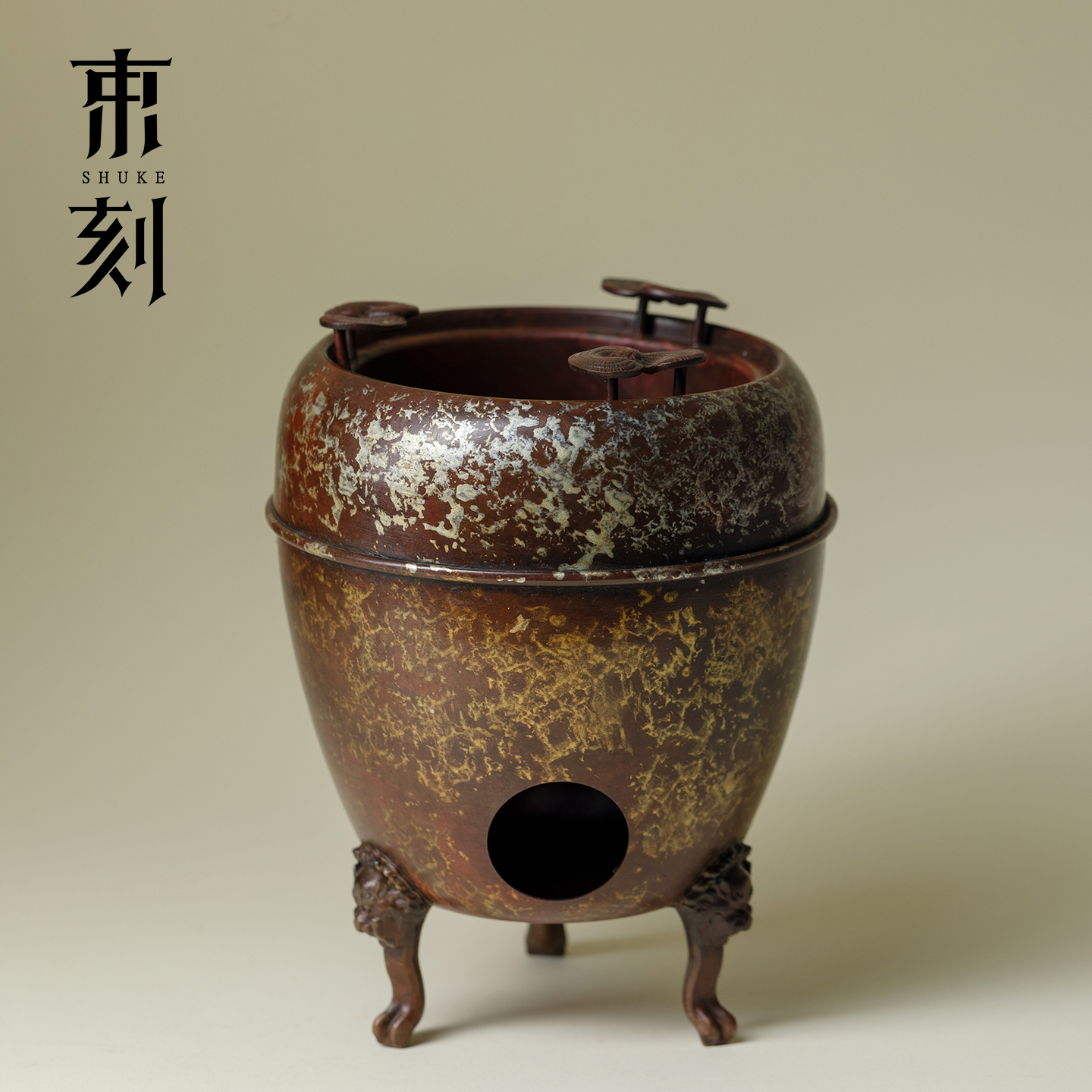 束刻 纯手工纯紫铜碳炉三足灵芝温茶炉复古家用煮茶炉炭火炉子