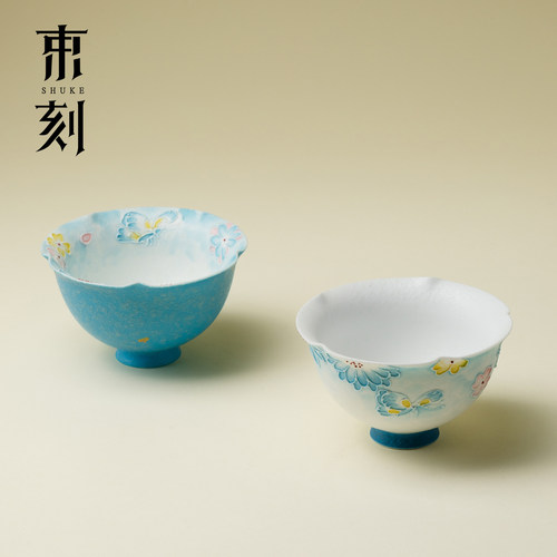 束刻新中式雾凇蓝功夫茶杯手绘花屿陶瓷品茗杯喝茶杯精致个人单杯
