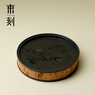 束刻复古湘妃竹沥水壶承古篱纯锡点铜蓄水式干泡盘养壶专用小茶台