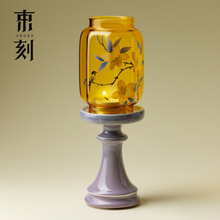 束刻粉彩百合花玻璃明清烛台禅意茶室摆件家用中式蜡烛氛围灯灯台