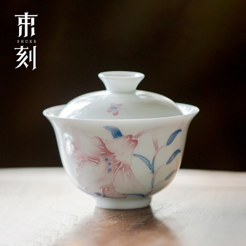 束刻 白瓷手绘百合二才盖碗高档单个功夫茶具泡茶碗有田烧喝茶碗