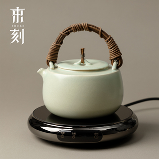 束刻青色陶壶电陶炉套装藤编提梁煮茶壶通用功夫茶具烧水壶