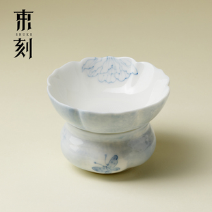 束刻青花手绘蝶恋花陶瓷茶漏茶滤套组禅意沏茶过滤器茶具配件茶隔