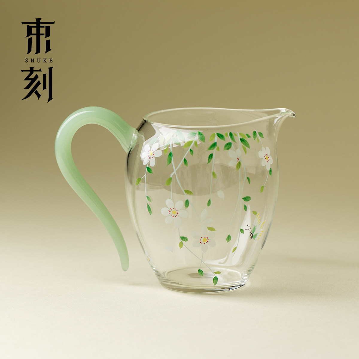 束刻 小清新梨花玻璃玉把公道杯耐热加厚茶海分茶器精致手持公杯